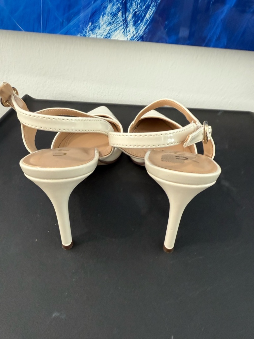Unisa Cream Patent Pointed Toe Slingback Heels with Crisscross Strap - Picture 3 of 6